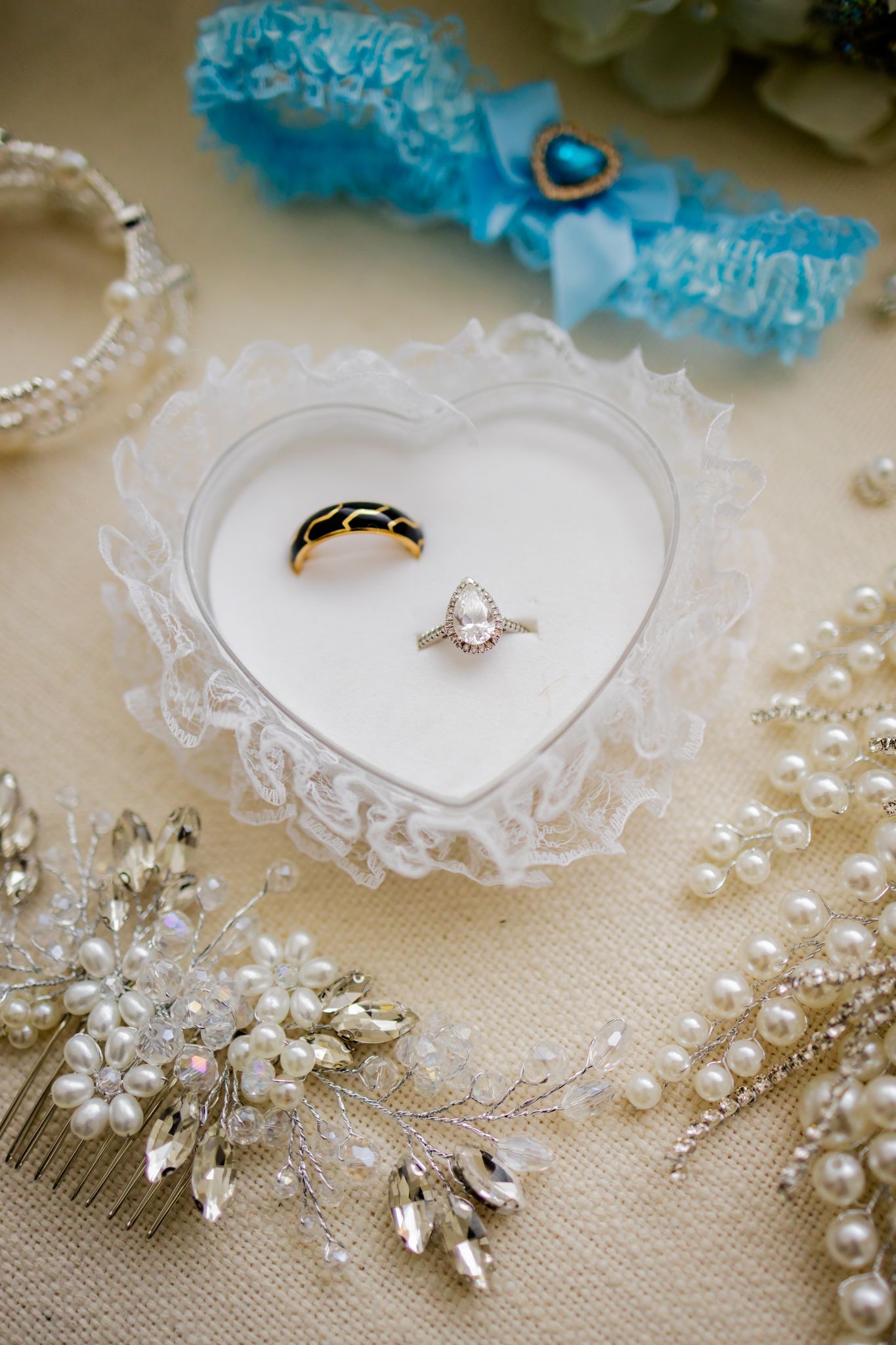 Wedding rings in heart box with bridal accessories, Moon Palace Jamaica wedding details photography