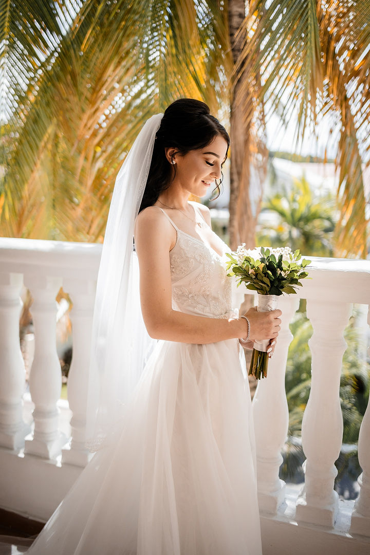 Bridal portrait on balcony with palm trees Ocho Rios Jamaica